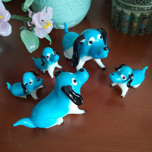 80年代出口创汇期北京料器厂纯手工老料器琉璃小狗一家摆件工艺品