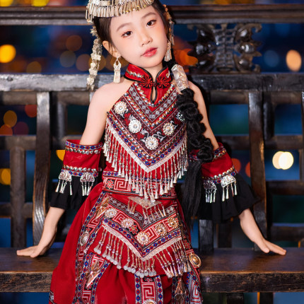 苗族服装女童酒红色立领抹胸飘带长裙儿童演出服民族风亲子摄影服