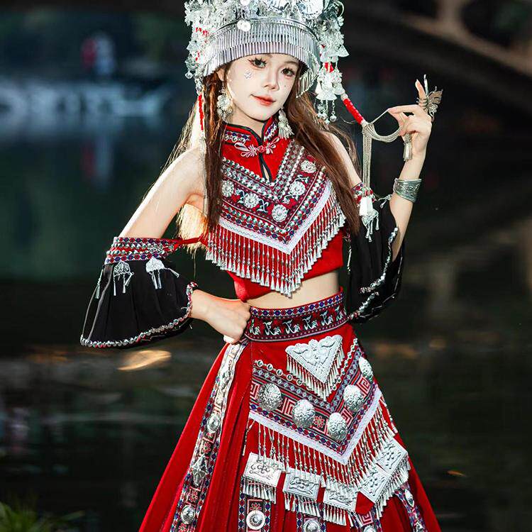 苗族服装女红色立领抹胸长裙套装少数民族土家族演出服民族风摄影