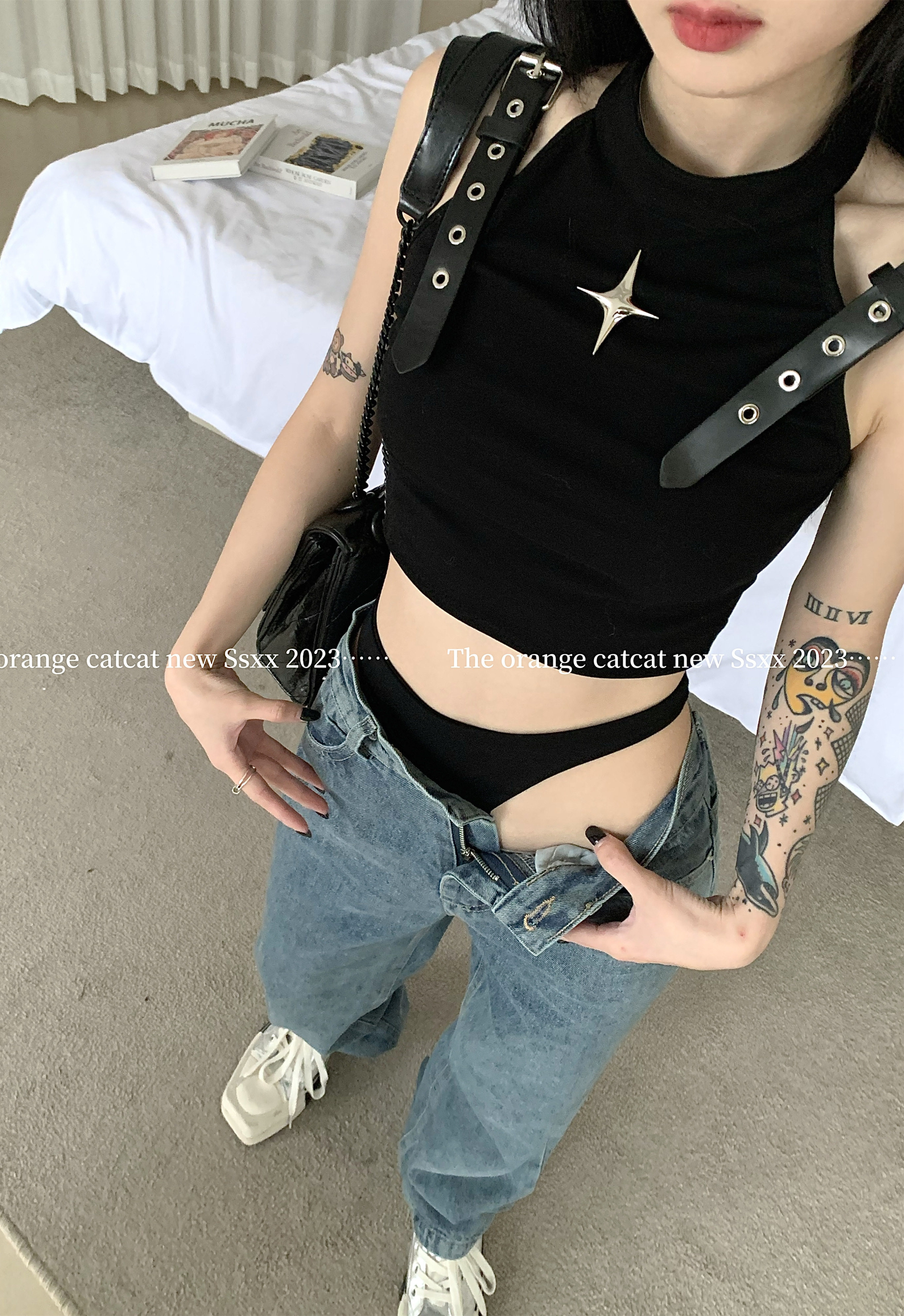 古力娜扎裤子同款比基尼牛仔裤女假两件拼接个性低腰直筒阔腿长裤
