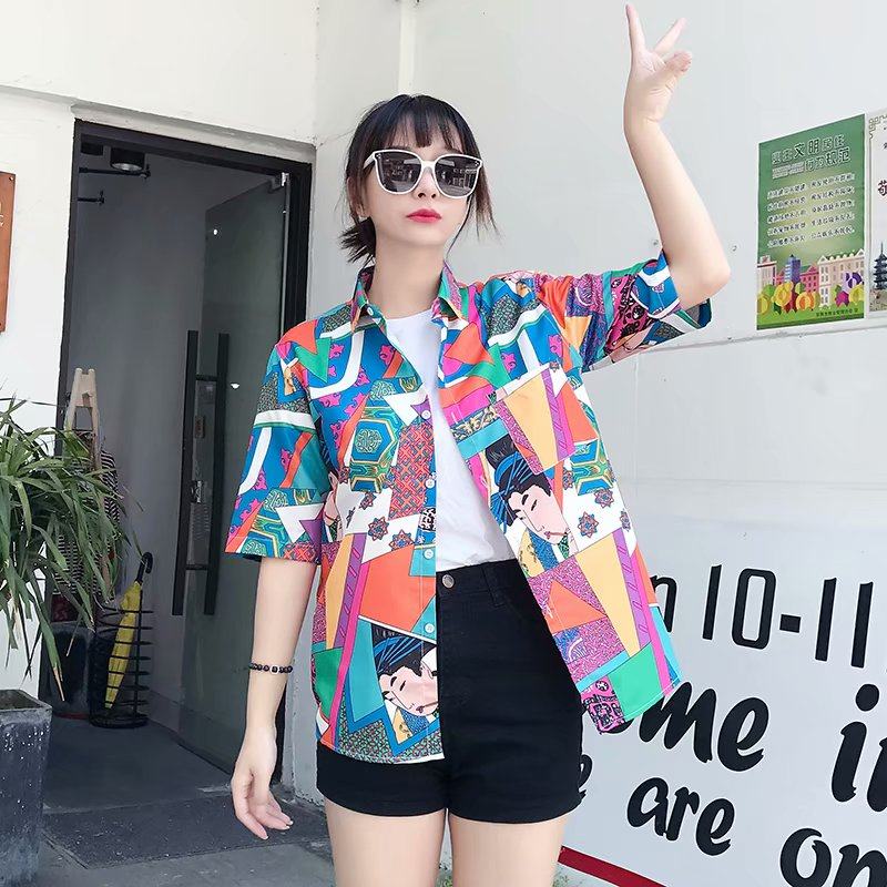 韩国bf原宿风涂鸦短袖衬衫夏季男女夏威夷度假风情侣装沙滩花衬衣|ruв категории Женская одежда, рубашка - от Buy2taobao.com для оказания профессиональной услуги покупки агента Taobao