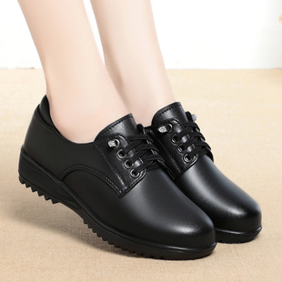2023春秋季 坡跟皮鞋 女系带圆头黑色中年平跟妈妈真皮软底单鞋 新款