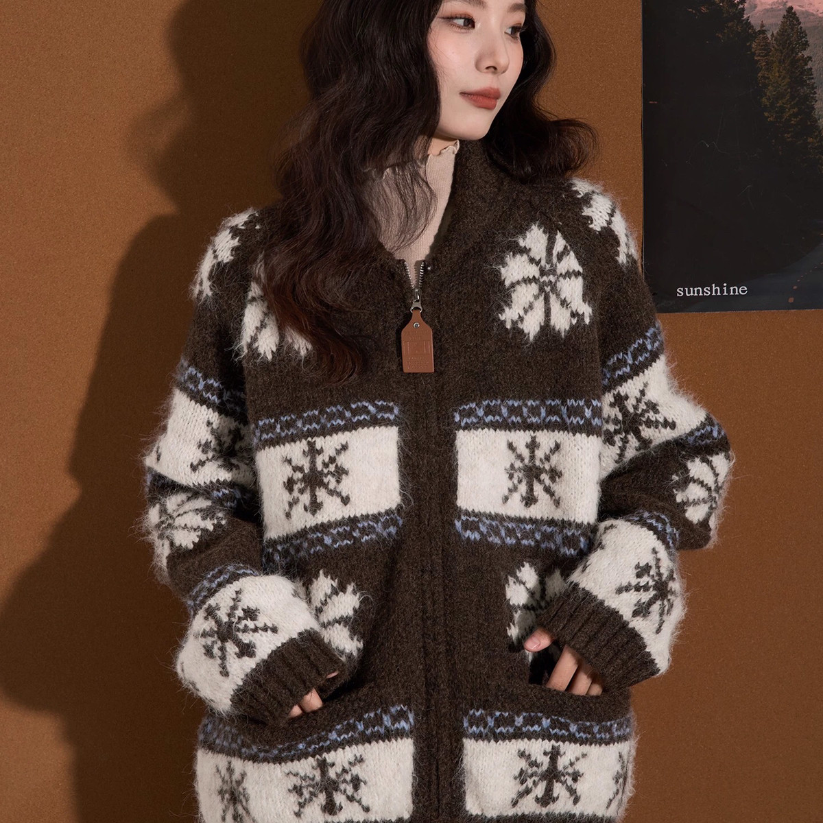 JDFS-冬女费尔岛复古提花毛衣小翻领拉链针织外套保暖毛衣LAN3311