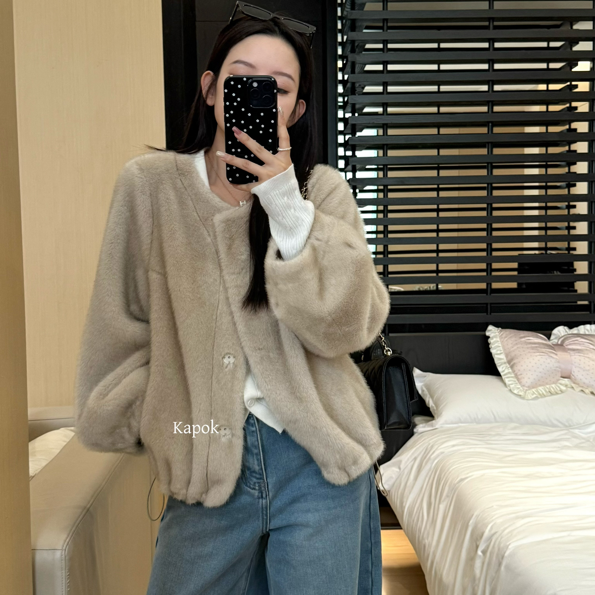 KAPOK-富家千金高级感灯笼袖环保水貂绒皮草毛毛外套短外套25012