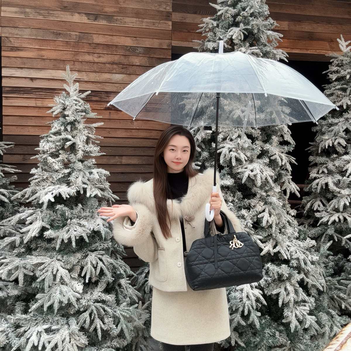 DARA ROSE-毛半身裙两件套套装(配真狐狸袖口毛领,羊毛包包)F8094