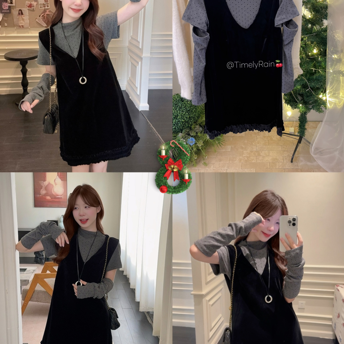 TimelyRain  及时雨-T恤+木耳边韩国绒连衣裙套装(配套袖)P-3089