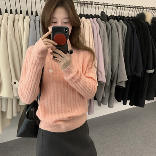 noodle面条家-色小标刺绣麻花百搭保暖毛衣(含33.6绵羊毛)N1061