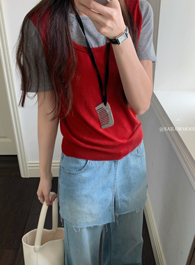 想象SAILORMOON -年早春韩系拼接假两件休闲显瘦短袖针织衫88092#