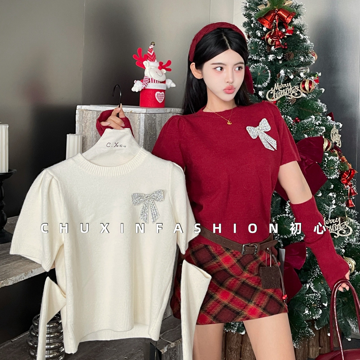 C.X初心-风精致亮片蝴蝶结袖套百搭毛衣打底针织衫(配袖套)CX1805