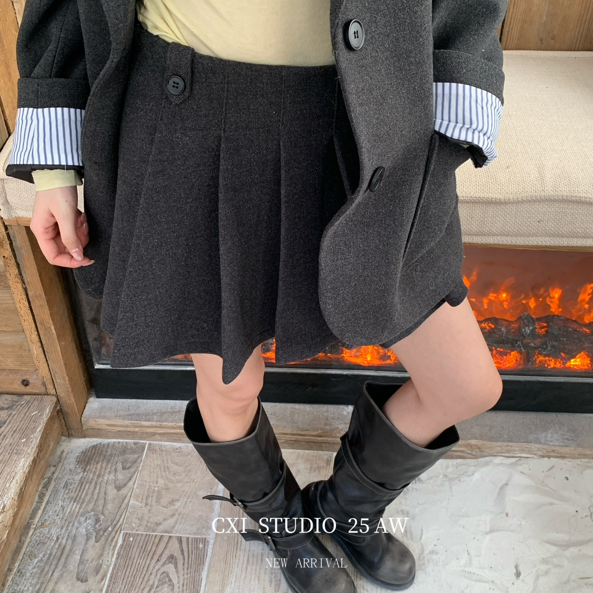 CXI-新美式复古毛呢百褶短裙设计感百搭半身裙（含10羊毛）85957-