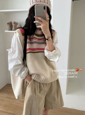 Tomato-约叠穿神器撞色条纹粗针套头针织马甲(含30绵羊毛)411213