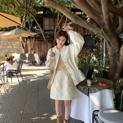 OMELET蛋卷-早春上新韩系气质百搭花边圆领腰部抽绳短外套HW26186