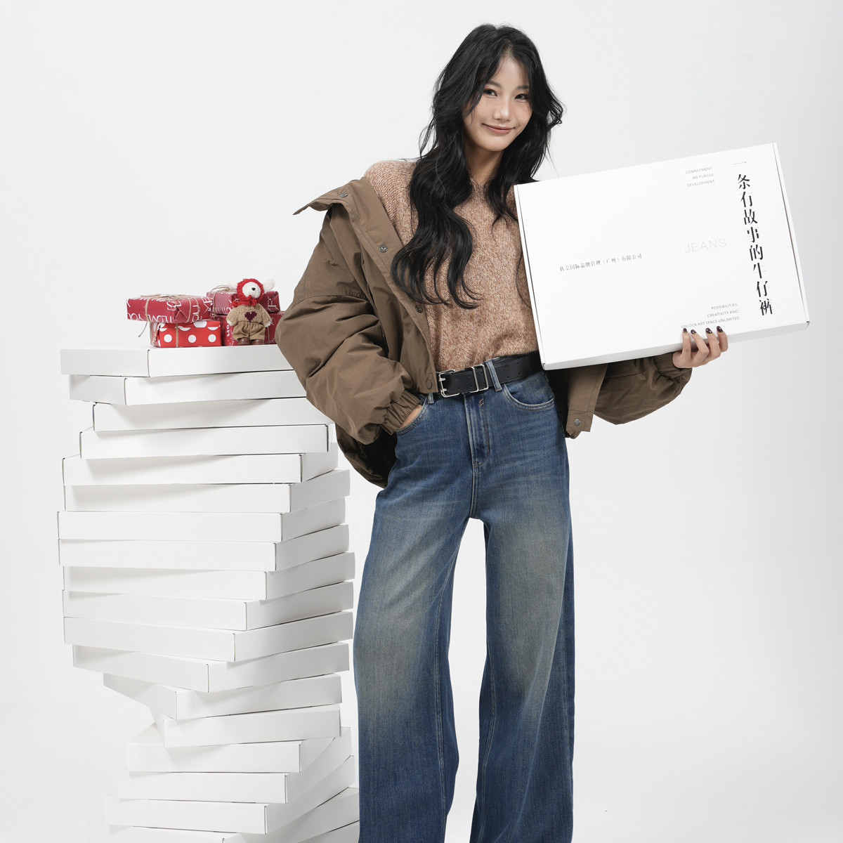 ZONA-古风高腰直筒水洗做旧植绒爆款推荐牛仔裤(配腰带)AA88732-6