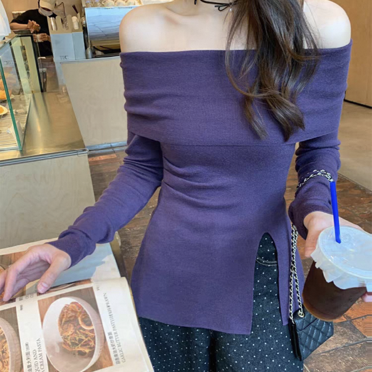 LH STUDIO-韩系紫色绝美一字肩长袖t恤穿搭气质上衣针织衫X5399