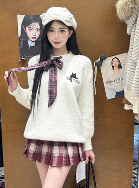 JULIA-猫咪刺绣圆领保暖毛衣12629