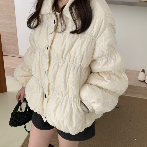 Double romance-泡泡袖高定甜美翻领花朵款保暖羽绒服外套251801