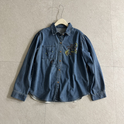 木可丽人-春新款韩版时尚刺绣翻领宽松显瘦百搭牛仔磨毛衬衫3510