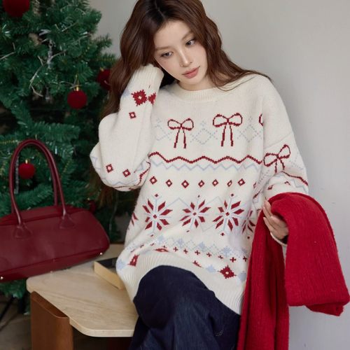 Hanco 韩鸽-韩系简约圣诞穿搭费尔岛提花加厚保暖毛衣H8030