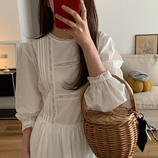 米鹿-复古蕾丝拼接泡泡袖长款连衣裙(主麦会含公司其他品牌)2657