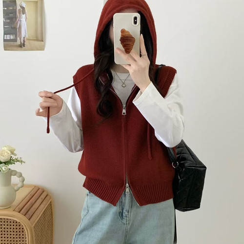 亨诗特-韩系连帽设计感慵懒风休闲百搭针织马甲YS1-2312