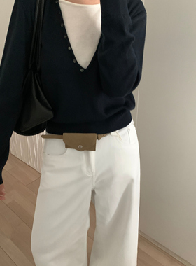 T.G-小心机单品撞色v领连帽假两件针织衫（含33羊毛）26573