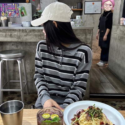 TRUSTME-常休闲叠穿翻领条纹拼色套头上衣针织衫（含6羊毛）14281