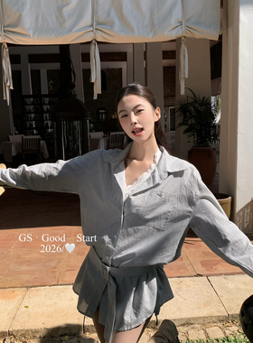 GS.GOOD START-系气质休闲条纹衬衫+蕾丝背心套装(配腰带)D0308W