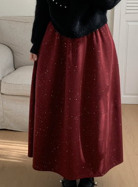 Flower & April-烫银花苞裙女2025新冬红色加厚毛呢半身裙160930