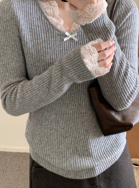 MUUTIS牧缇-简约蕾丝拼接花边U领暖翼针织衫（含56.3绵羊毛）7781