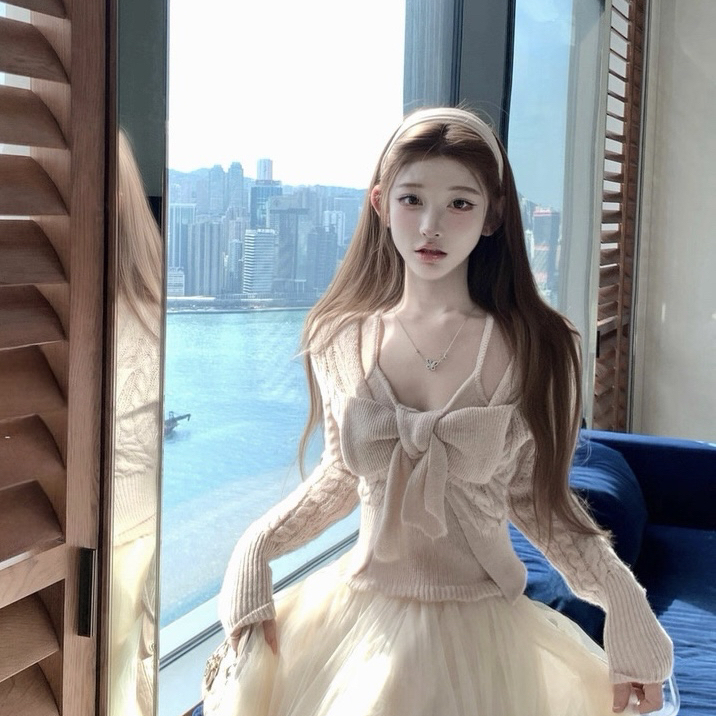 SAVAGE-质小女人挂脖拼接蝴蝶结设计假两件麻花长袖针织衫A20268