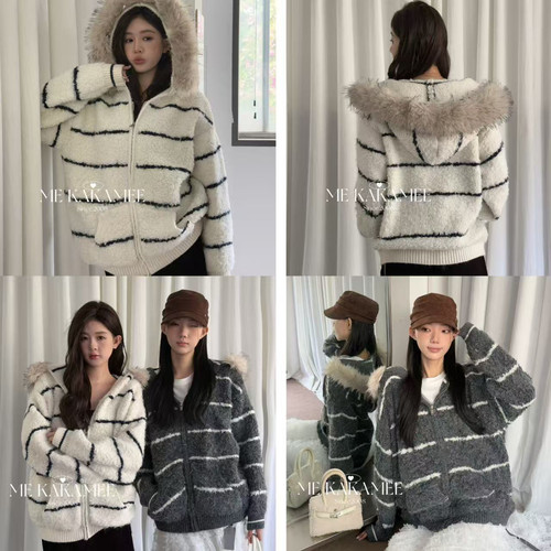 ME KAKAMEE-毛韩系条纹加厚保暖毛衣(配可拆卸毛领)（含6羊毛）99