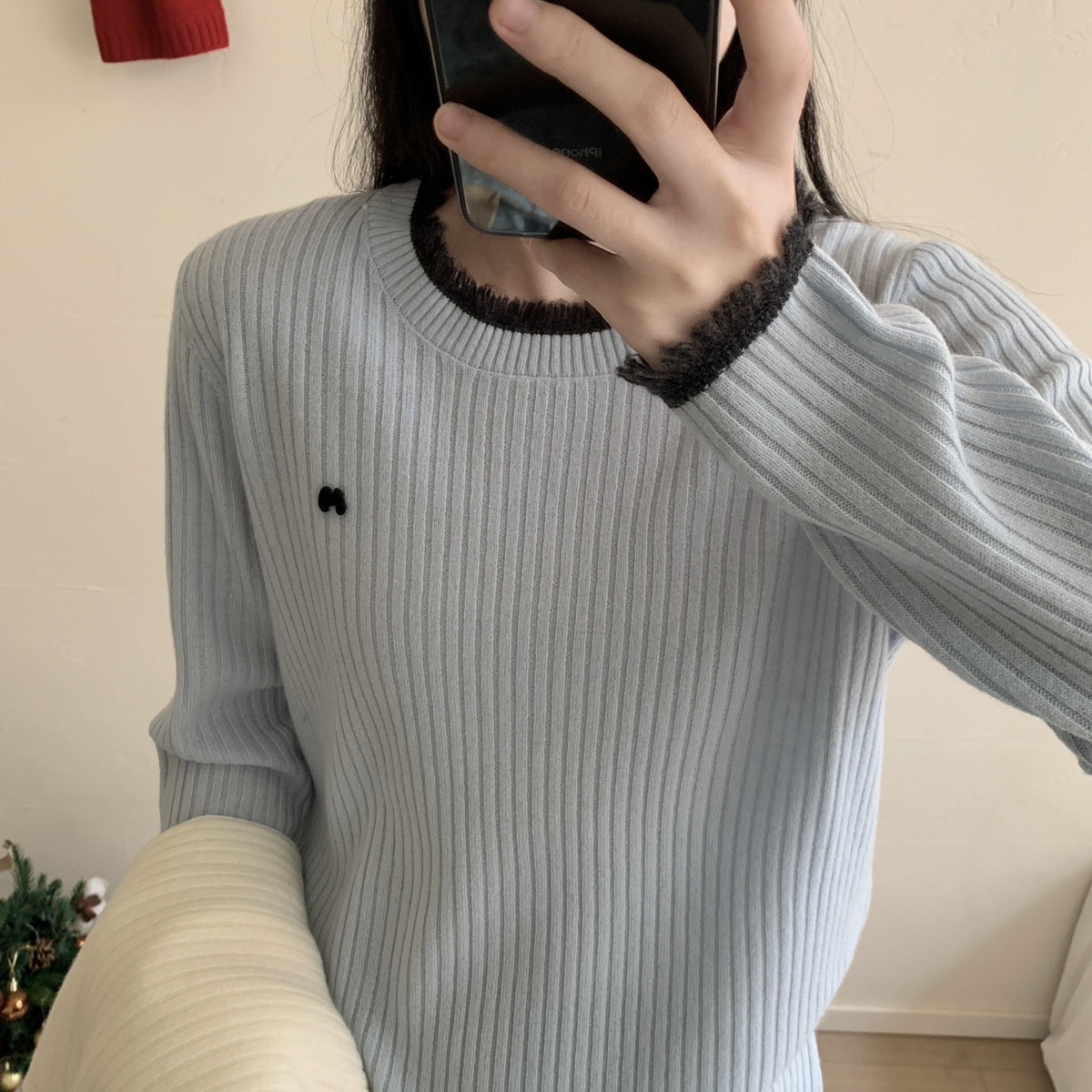 MUUTIS牧缇-搭圆领刺绣撞色打底全羊毛针织衫（含100绵羊毛）22-0