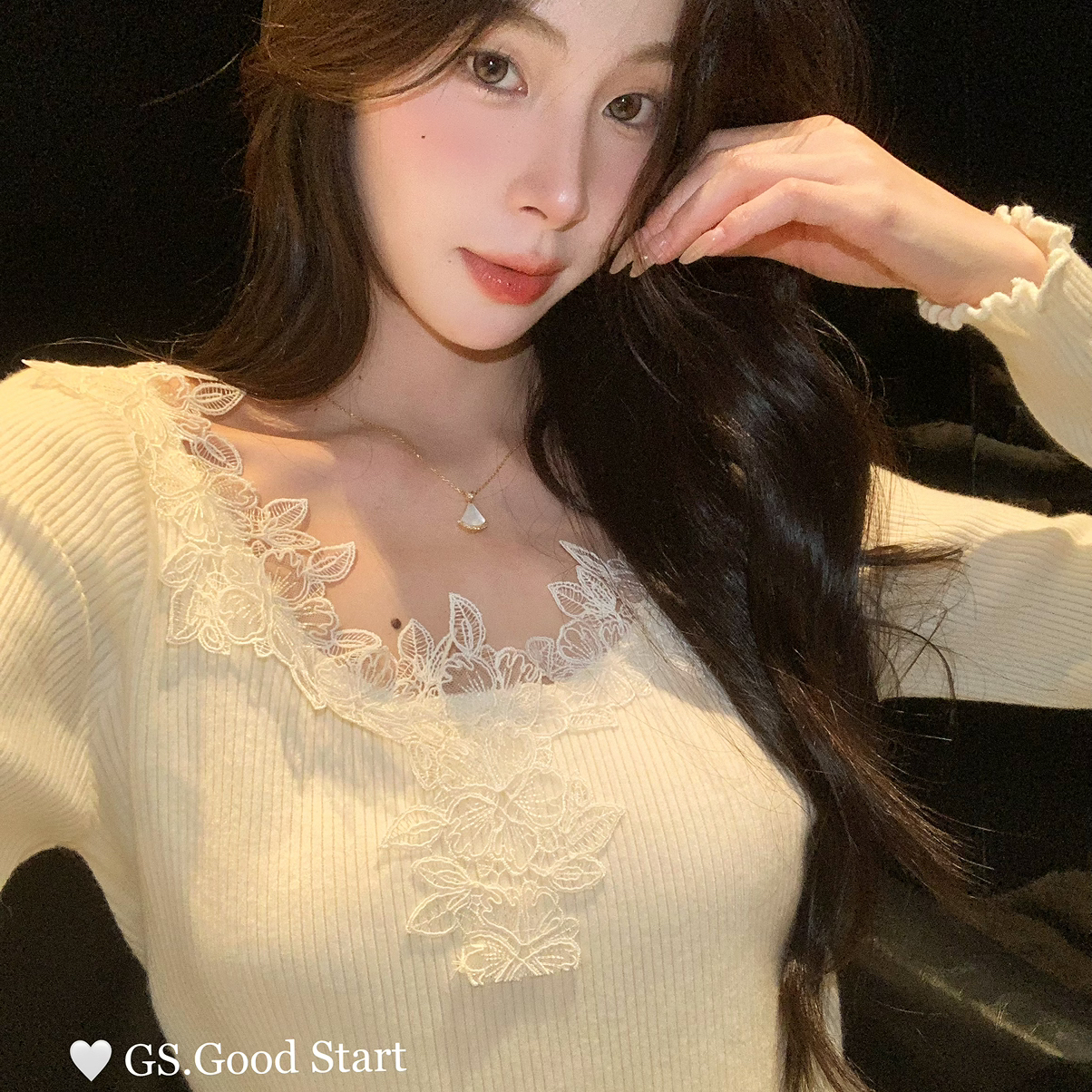 GS.GOOD START-姐一眼沦陷秋冬气质纯欲刺绣蕾丝修身针织衫G7735
