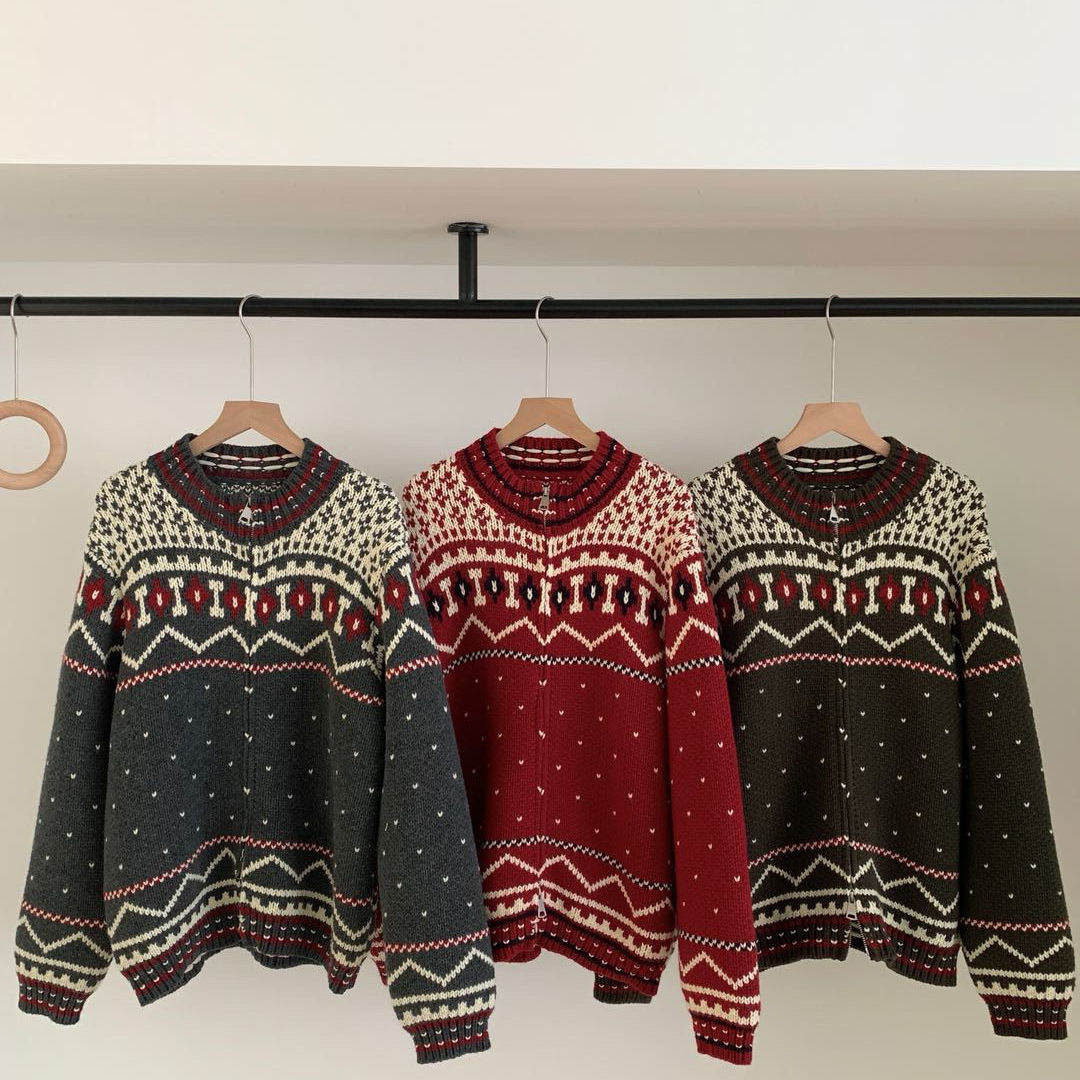 HEY BELLA-系费尔岛复古拉链简约慵懒时髦宽松百搭针织开衫A1945