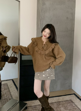 grapestone 葡萄籽-荷叶娃娃大领抽绳针织保暖毛衣（含8羊毛）155