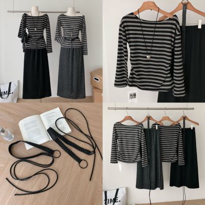 花花家-纹一字肩长袖上衣+半身裙宽松慵懒风套装(配腰绳)YS1-5614