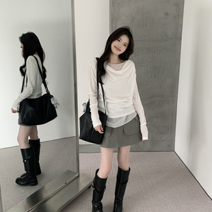 grapestone 葡萄籽-早春韩系时尚荡领显瘦雪纺拼接上衣小衫26025