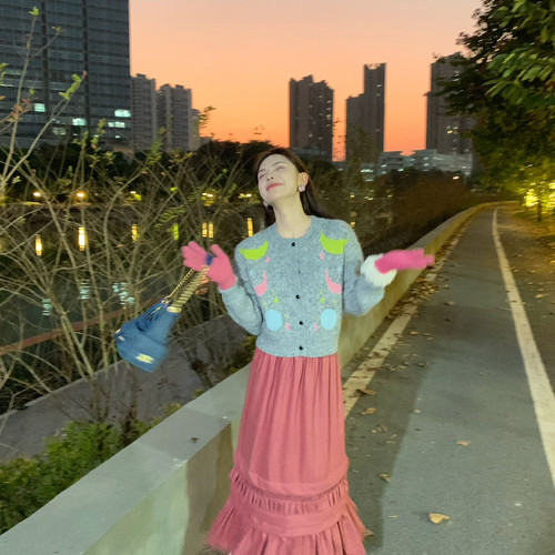 FEIMAO（YIMAO）-气质圆领撞色绣花毛织开衫保暖毛衣（含8羊毛）1