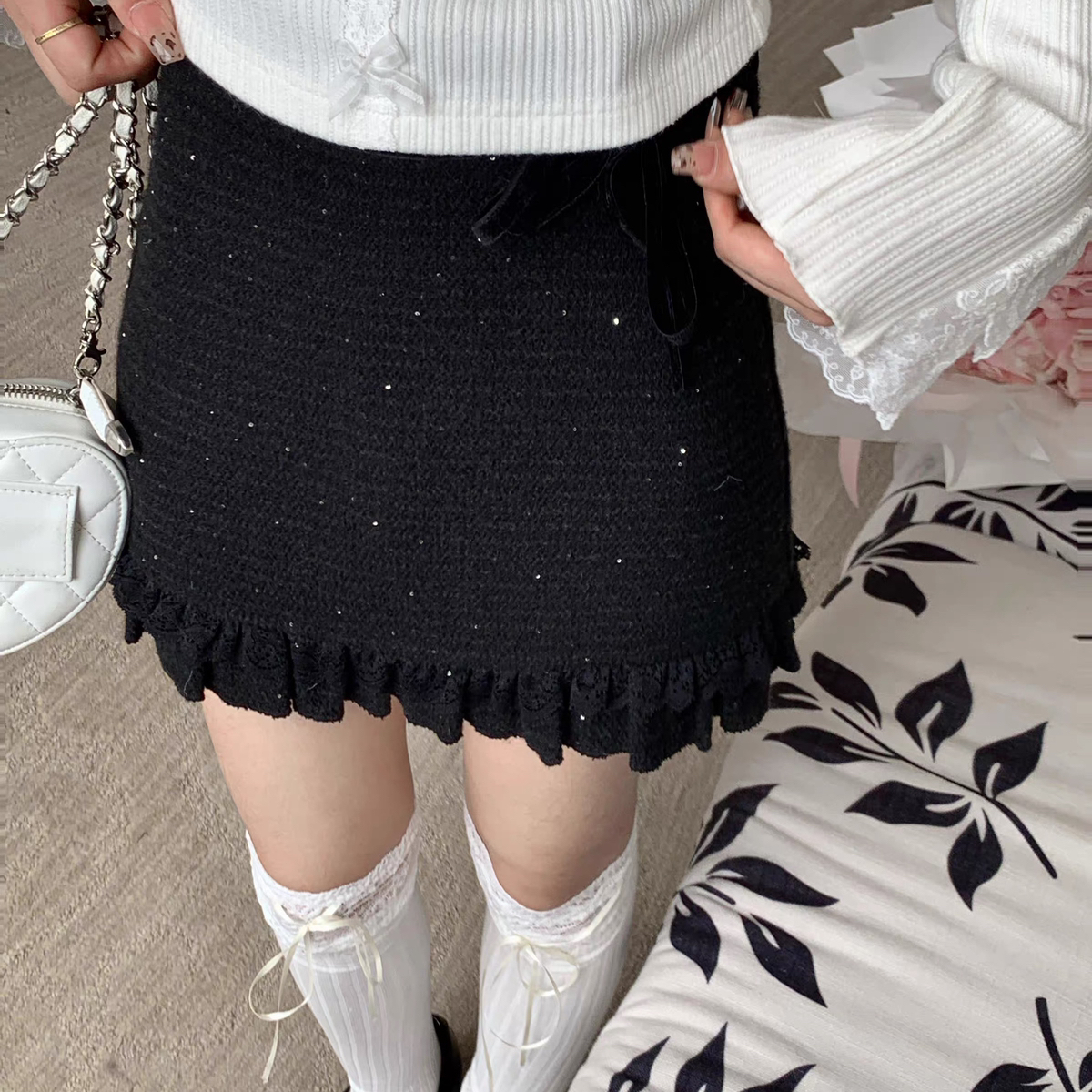 SAVAGE-法式气质小女人小香风高腰拼接蝴蝶结粗花呢半身裙A20280