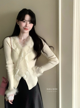 DARA ROSE-26年早春法式纯欲风蕾丝拼接修身显瘦长袖针织衫S8350