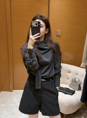 EASE-6年早春大牌设计款蝴蝶结飘带领纯色简约风百搭小衫E26A6054