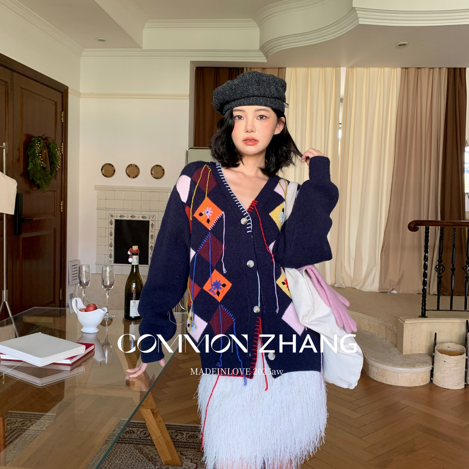 CZ ZHANG-V领针织设计感撞色菱格拼接流苏毛织外套保暖毛衣45279