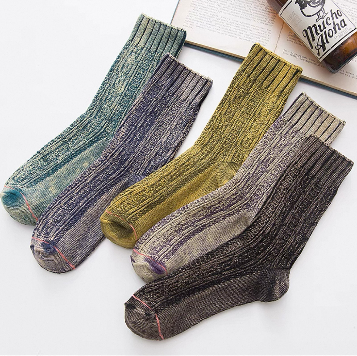 袜子男女同款水洗棉扎染粗线潮流个性长袜高帮中筒毛线堆堆袜三双