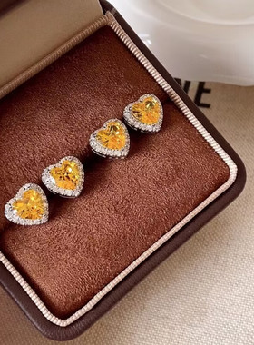 黄色镶钻爱心锆石S925银针耳钉经典精致小巧复古小众设计气质耳环