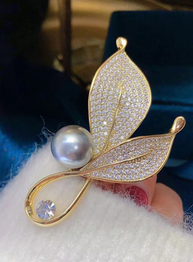 日韩满钻树叶胸针灰色珠子西装大衣毛衣防走光胸花配饰时尚精致潮