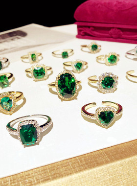金色祖母绿色宝石水晶戒指环女开口调节日韩仿真钻复古锆石百搭潮