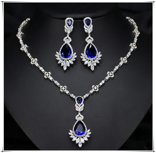 新娘奢华红色绿蓝色锆石微镶项链耳环套装晚宴年会礼服结婚纱配饰