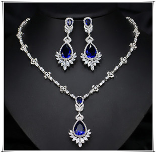 新娘奢华红色绿蓝色锆石微镶项链耳环套装晚宴年会礼服结婚纱配饰