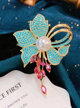 法式复古浅蓝色鸢尾花胸针高级感红胸花气质百搭旗袍西装外套别针