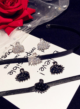 日韩水晶黑白色短款网红锁骨链